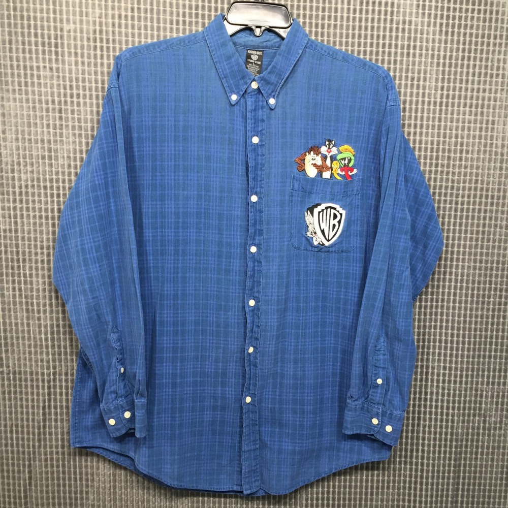 Vintage 1998 Warner Bros Studio Store Looney Tunes Blue Plaid Shirt Men L Taz WB